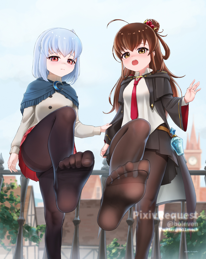 2girls, aru_majo_ga_shinu_made, beleven, blue_hair, brown_eyes, brown_hair, feet, highres, light_blush, long_hair, looking_at_viewer, medium_hair, meg_raspberry, multiple_girls, necktie, open_mouth, pantyhose, red_eyes, soles, sophie_hayter, toes