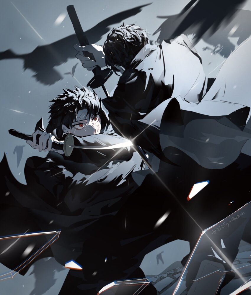 2boys, artist_name, black_hair, enten_(sword), gorira_(2525gorillachan), highres, holding, holding_sword