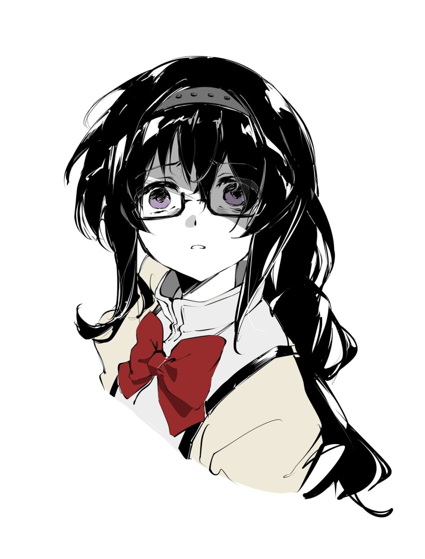1girl, akemi_homura, black_hair, bow, bowtie, commentary, glasses, highres, long_hair, looking_at_viewer, mahou_shoujo_madoka_magica, mahou_shoujo_madoka_magica_(anime), mitakihara_school_uniform, o3o2sao, purple_eyes, red_bow, red_bowtie, school_uniform, simple_background, solo, upper_body, white_background