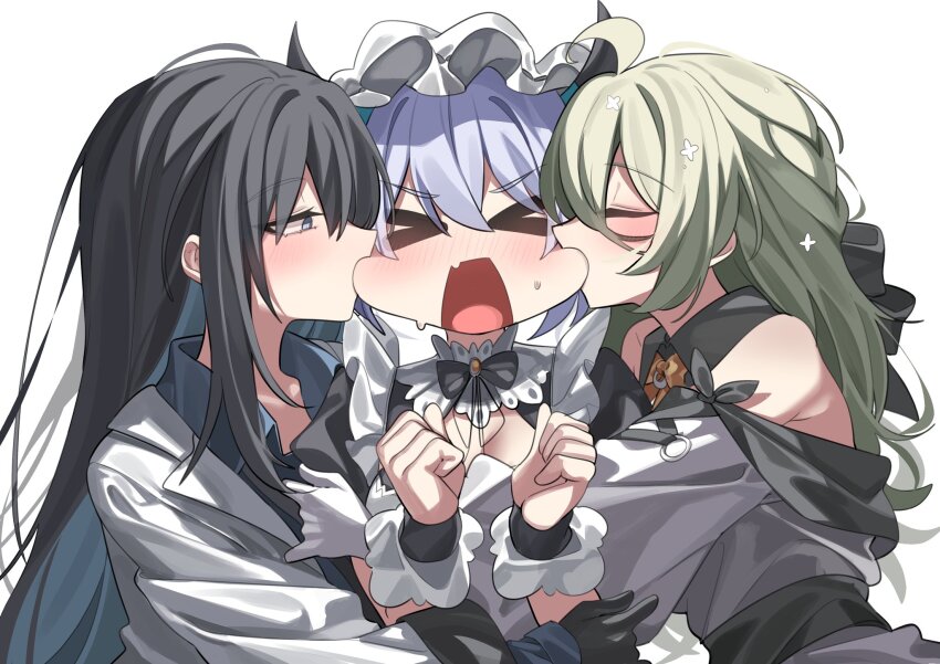 >_<, 3girls, ahoge, biting, biting_cheek, black_gloves, black_hair, blue_eyes