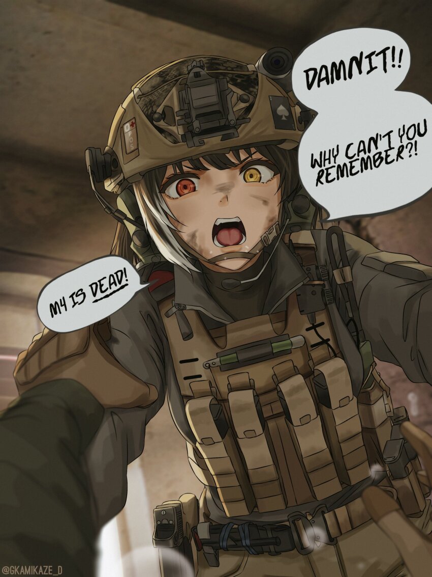 1girl, abandoned, ammunition_pouch, amnesia, angry, army, artist_name, belt, brown_hair, bulletproof_vest, camouflage, combat_helmet, dgkamikaze, dirty, dirty_face, fang, girls'_frontline, glock, gun, handgun, helmet, heterochromia, highres, holding, holding_another's_arm, holster, indoors, jacket, looking_at_viewer, military, military_combat_uniform, military_jacket, military_uniform, multicolored_hair, open_mouth, pouch, pov, red_eyes, ro635_(girls'_frontline), screaming, signature, soldier, speech_bubble, teeth, war, weapon, white_hair, yellow_eyes