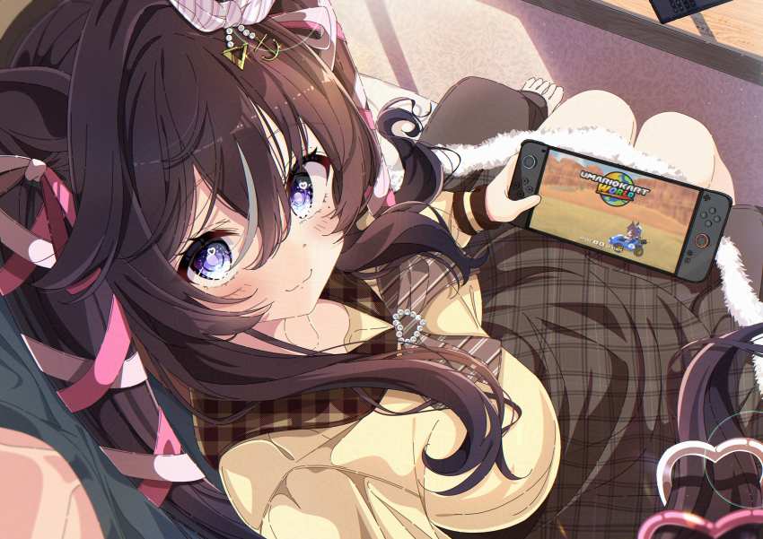 1girl, absurdres, animal_ears, blue_eyes, brown_hair, commentary_request, from_above, handheld_game_console