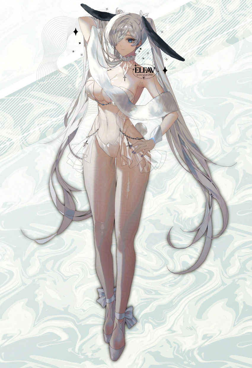 1girl, alternate_costume, animal_ears, bare_shoulders, blue_eyes, blue_nails, breasts, cinderella_(nikke)