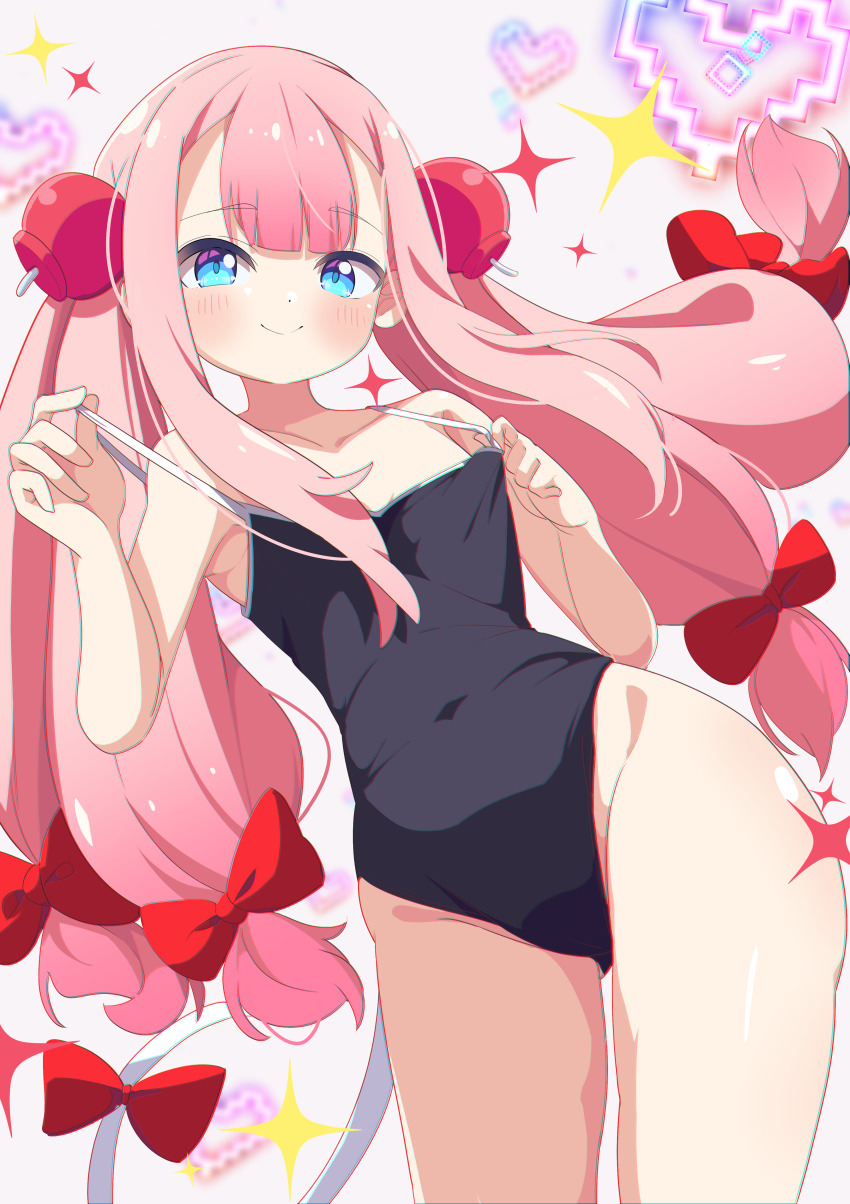 1girl, absurdres, bare_shoulders, black_one-piece_swimsuit, blue_eyes, blush, bomber_girl_(1993_manga), bombergirl, bow, closed_mouth, clothes_pull, collarbone, commission, competition_school_swimsuit, covered_navel, flat_chest, groin, hair_bow, hair_ornament, heart, highres, long_hair, looking_at_viewer, low-tied_long_hair, momoko_(bombergirl), one-piece_swimsuit, one-piece_swimsuit_pull, pink_hair, pulling_own_clothes, red_bow, school_swimsuit, shiro9jira, skeb_commission, smile, solo, sparkle, standing, strap_pull, swimsuit, tail, tail_bow, tail_ornament, thighs, twintails, very_long_hair