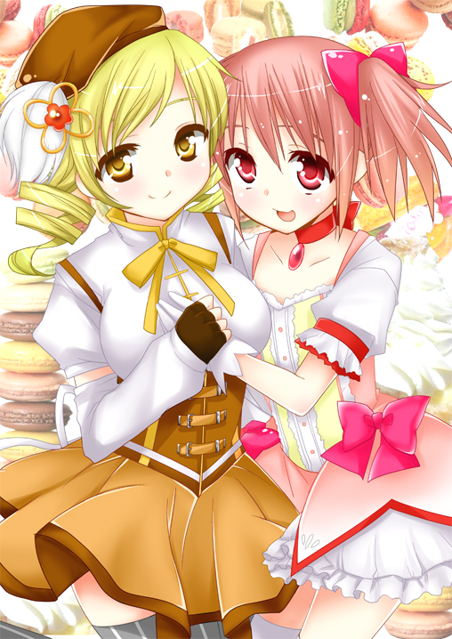 10s, 2girls, beret, blonde_hair, choker, cookie, corset, drill_hair, fingerless_gloves, food, gloves, hair_ornament, hand_on_another's_chest, hat, holding_hands, kaname_madoka, kaname_madoka_(magical_girl), macaron, magical_girl, mahou_shoujo_madoka_magica, mahou_shoujo_madoka_magica_(anime), multiple_girls, pink_eyes, pink_hair, shiratama, shiratama_yomogi, short_hair, smile, thighhighs, tomoe_mami, tomoe_mami_(magical_girl), twin_drills, twintails, white_gloves, yellow_eyes, yuri