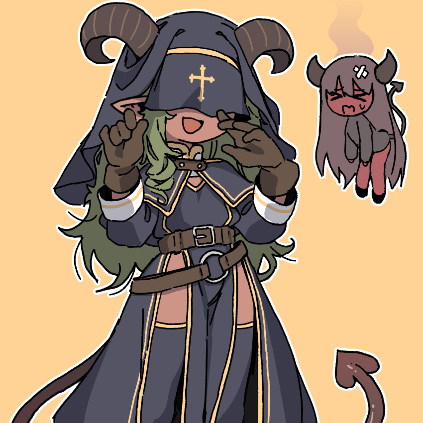 >_<, 2girls, bandaid, bandaid_on_head, belt, black_capelet, black_dress, black_hat, black_shirt, black_shoes, black_thighhighs, bottomless, brown_belt, brown_gloves, brown_hair, capelet, chibi, cleric, cleric_(orenjipiiru), colored_skin, cross, cross_print, crossed_bandaids, demon_girl, demon_horns, demon_wings, disobedient_devil_(orenjipiiru), dress, drill_hair, flat_chest, floating, gloves, green_hair, hat, hat_over_eyes, highres, horns, loli, long_hair, long_sleeves, looking_at_viewer, multiple_girls, open_mouth, orange_background, orenjipiiru, original, pointy_ears, print_hat, red_skin, shirt, shoes, side_slit, single_drill, smile, smoke, standing, sweat, thighhighs, wings