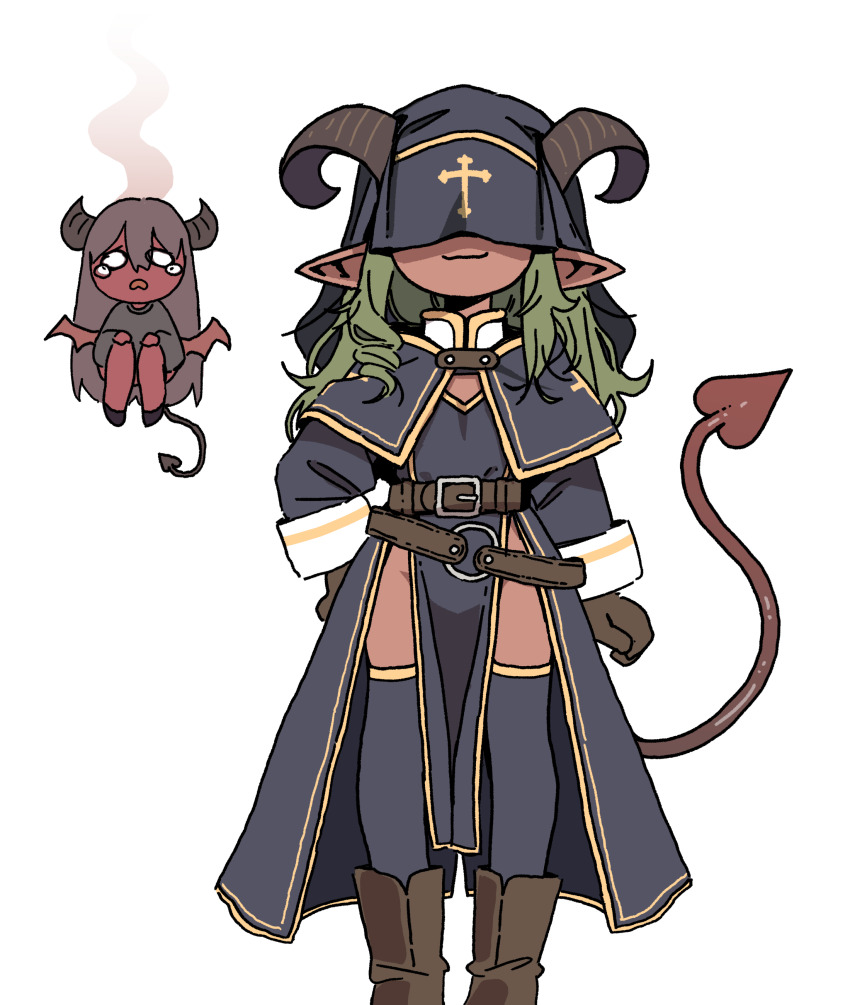 2girls, :3, absurdres, belt, black_capelet, black_dress, black_hat, black_shirt, black_shoes, black_thighhighs, boots, bottomless, brown_belt, brown_boots, brown_gloves, brown_hair, capelet, chibi, cleric, cleric_(orenjipiiru), colored_skin, cross, cross_print, demon_girl, demon_horns, demon_wings, disobedient_devil_(orenjipiiru), dress, drill_hair, floating, gloves, green_hair, hand_on_own_hip, hat, hat_over_eyes, highres, horns, loli, long_hair, long_sleeves, looking_at_viewer, multiple_girls, o_o, orenjipiiru, original, pointy_ears, print_capelet, print_hat, red_skin, shirt, shoes, side_slit, single_drill, smile, smoke, standing, tears, thighhighs, white_background, wings