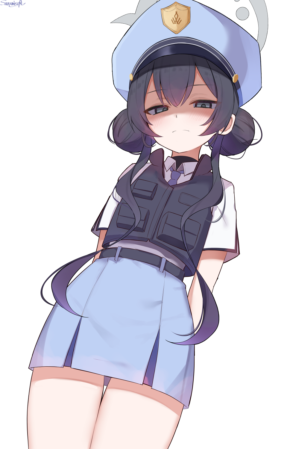 1girl, black_hair, blue_archive, blue_skirt, braid, braided_bun, bulletproof_vest, cosplay