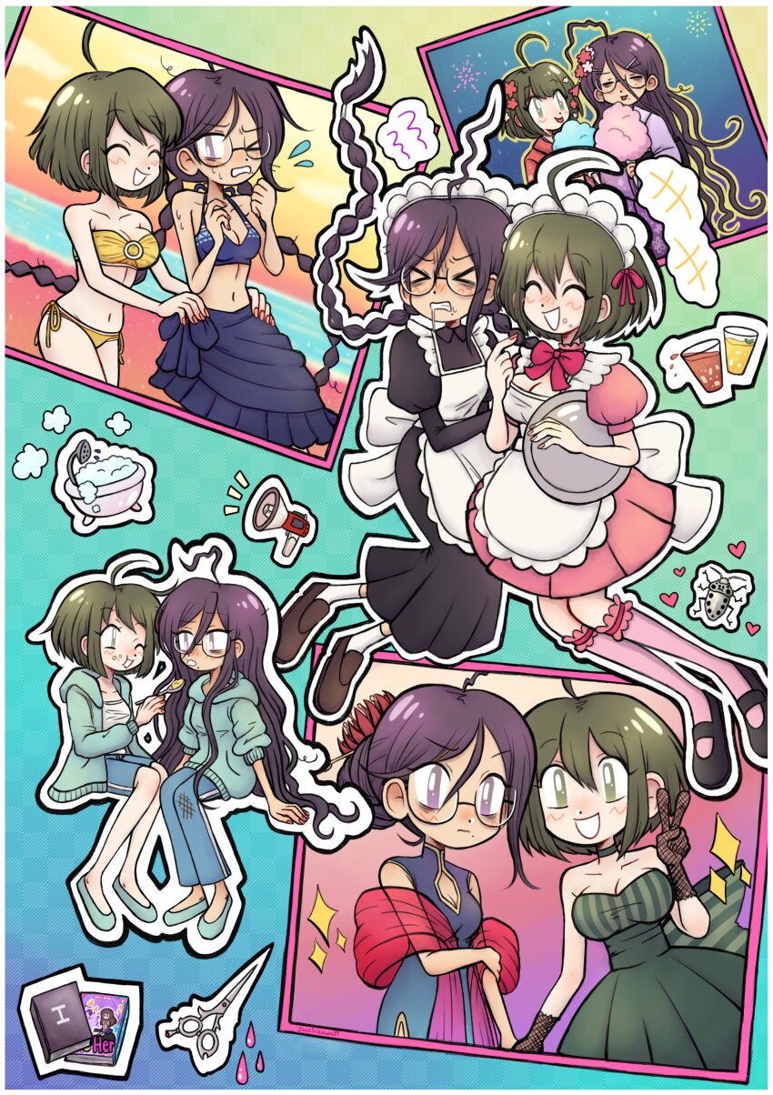 >_<, >_o, +++, 2girls, absurdres, aerial_fireworks, ahoge, alternate_costume, apron, bare_shoulders, bathtub, bikini, black_dress, black_jacket, black_outline, black_shoes, blood, blood_drop, blue_bikini, blue_hoodie, blue_pants, blue_sarong, blue_shoes, blue_shorts, blush, book, border, bow, braid, breasts, bright_pupils, brown_shoes, bug, casual, cleavage, closed_eyes, closed_mouth, cloud, commentary, cotton_candy, cup, danganronpa_(series), danganronpa_10th_anniversary_costume, danganronpa_another_episode:_ultra_despair_girls, danganronpa_s:_ultimate_summer_camp, dress, drink, eating, english_commentary, eyelashes, fireworks, fishnet_gloves, fishnets, flower, flying_sweatdrops, food, fukawa_toko, glasses, gloves, green_dress, green_eyes, green_hair, hair_between_eyes, hair_bun, hair_flower, hair_ornament, hair_ribbon, hairclip, hand_on_own_arm, hands_on_another's_hips, heart, highres, holding, holding_cotton_candy, holding_food, holding_plate, holding_spoon, hood, hood_down, hooded_jacket, hoodie, jacket, jackie_kawaii, japanese_clothes, kameko_(danganronpa), kimono, kneehighs, long_sleeves, maid, maid_headdress, megaphone, mole, mole_under_mouth, multiple_girls, multiple_views, naegi_komaru, nail_polish, navel, official_alternate_costume, official_alternate_hairstyle, one_eye_closed, open_clothes, open_jacket, open_mouth, orange_sky, outdoors, outline, pants, pink_blood, pink_bow, pink_dress, pink_nails, pink_ribbon, pink_socks, plate, purple_hair, purple_kimono, red_kimono, ribbon, round_eyewear, saliva, sarong, scissors, shirt, shoes, short_hair, short_sleeves, shorts, shower_head, sky, sleeveless, sleeveless_dress, smile, soap_bubbles, socks, sparkle, spoon, stinkbug, stomach, sweat, sweatdrop, swimsuit, tongue, tongue_out, twin_braids, twintails, v, water, white_apron, white_border, white_outline, white_pupils, white_shirt, white_socks, yellow_bikini, yellow_outline