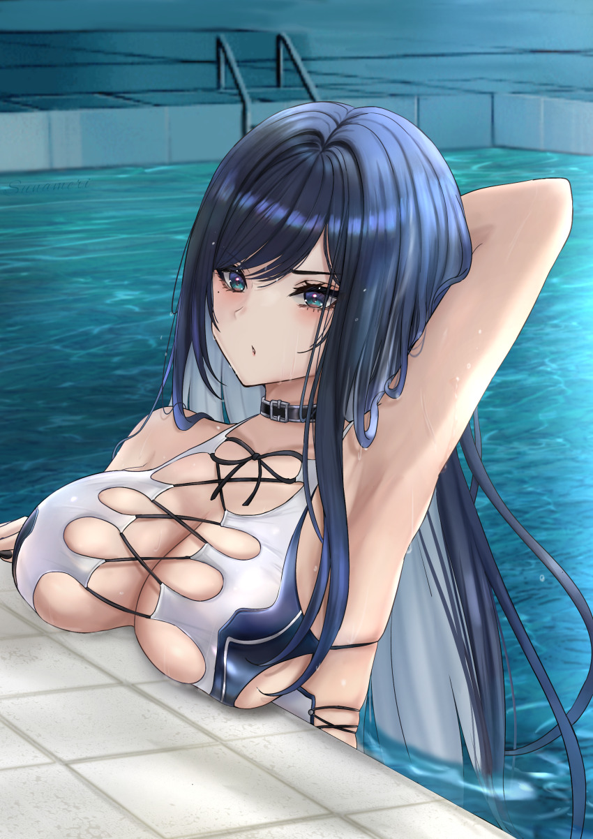 1girl, absurdres, arm_behind_head, armpits, belt_collar, blue_eyes, blue_hair, blue_one-piece_swimsuit