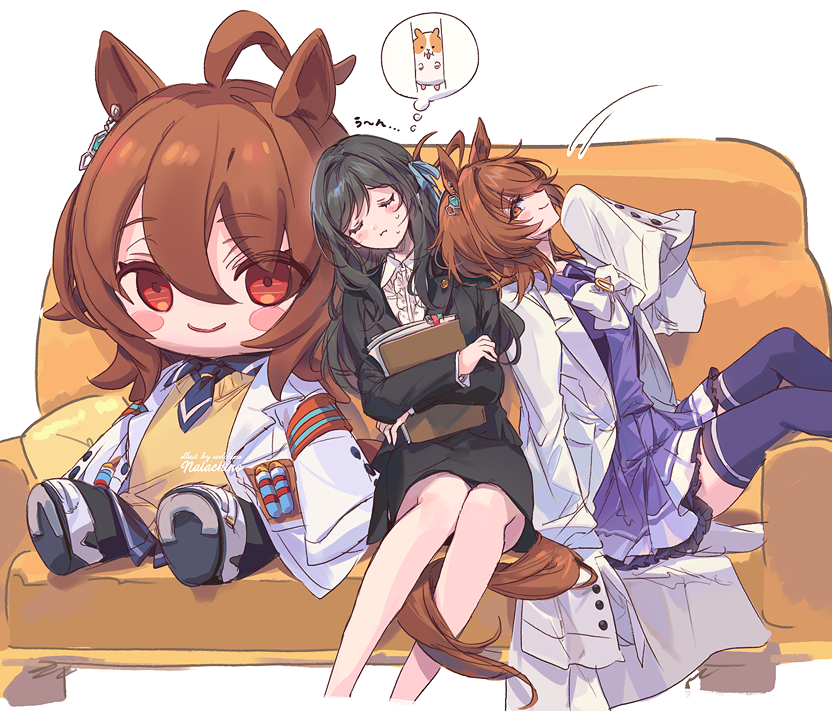 2girls, agnes_tachyon's_trainer, agnes_tachyon_(tach-nology)_(umamusume), agnes_tachyon_(umamusume), ahoge, animal_ears, black_hair, black_skirt