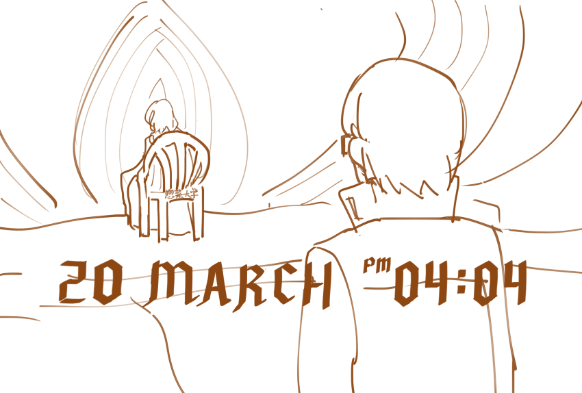 chair, coat, cosplay, dante_(devil_may_cry), dante_(devil_may_cry)_(cosplay), devil_may_cry_(series), devil_may_cry_5, from_behind, highres, izanami_(persona), lawn_chair, march, meme, narukami_yu, on_chair, persona, persona_4, sitting, timestamp, trench_coat, vergil's_chair_(meme), vergil_(devil_may_cry), vergil_(devil_may_cry)_(cosplay), z-w-errr