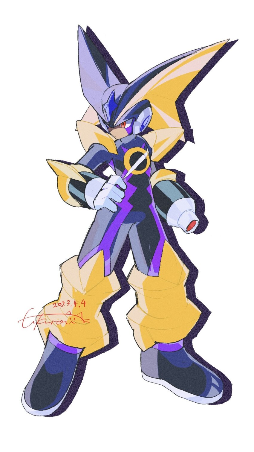 1boy, arm_cannon, baron-0628, bass.exe_(mega_man), black_bodysuit, black_helmet, bodysuit, dated