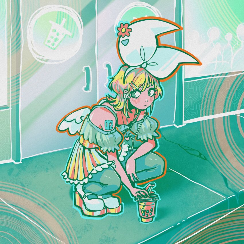 1girl, angel_wings, black_nails, blonde_hair, blue_eyes, bow, bow_flower, bubble_tea, closed_mouth, earphones, eerieelixir, frilled_skirt, frills, green_shirt, hair_bow, hair_ornament, hairclip, heart, heart_necklace, high-waist_skirt, highres, jewelry, kagamine_rin, looking_to_the_side, mary_janes, necklace, off-shoulder_shirt, off_shoulder, pantyhose, pleated_skirt, ringed_eyes, shirt, shoes, short_hair, shoulder_tattoo, skirt, solo, squatting, tattoo, vocaloid, white_bow, white_shoes, white_wings, wings, yellow_skirt