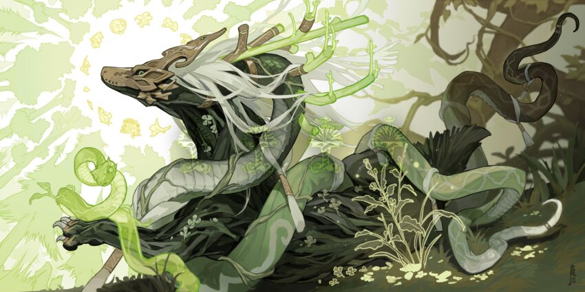 armor, black_sclera, branch, colored_sclera, dragon, dragon_horns, eastern_dragon, eastern_dragon_horns