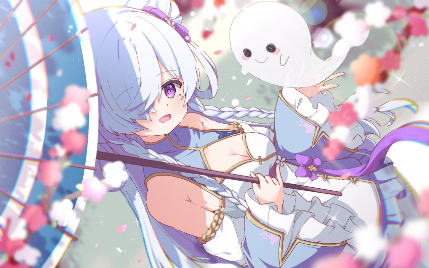 1girl, bare_shoulders, blue_hair, blue_umbrella, blurry, blurry_background, blurry_foreground, blush