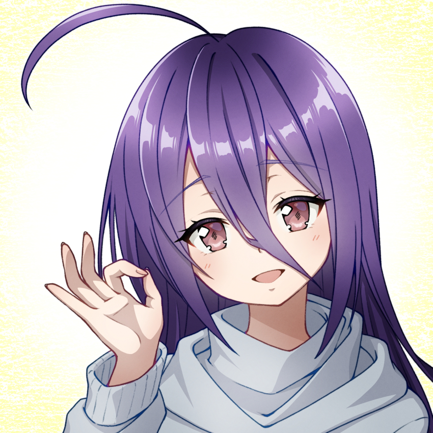 1girl, :d, ahoge, blush, brown_eyes, commentary_request, hair_between_eyes, hazuki_saya