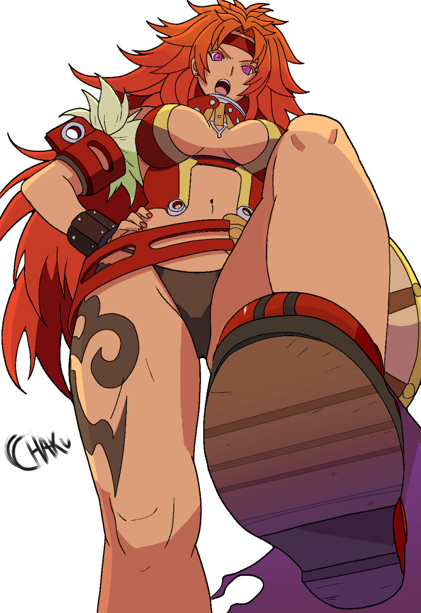1girl, :o, armlet, artist_name, breasts, chakumi, from_below, hands_on_own_hips, headband, highres, jewelry, leg_tattoo, long_hair, medium_breasts, navel, orange_hair, pink_eyes, queen's_blade, red_headband, red_nails, red_sandals, risty_(queen's_blade), sandals, solo, stomping, tattoo, very_long_hair, white_background, wristband