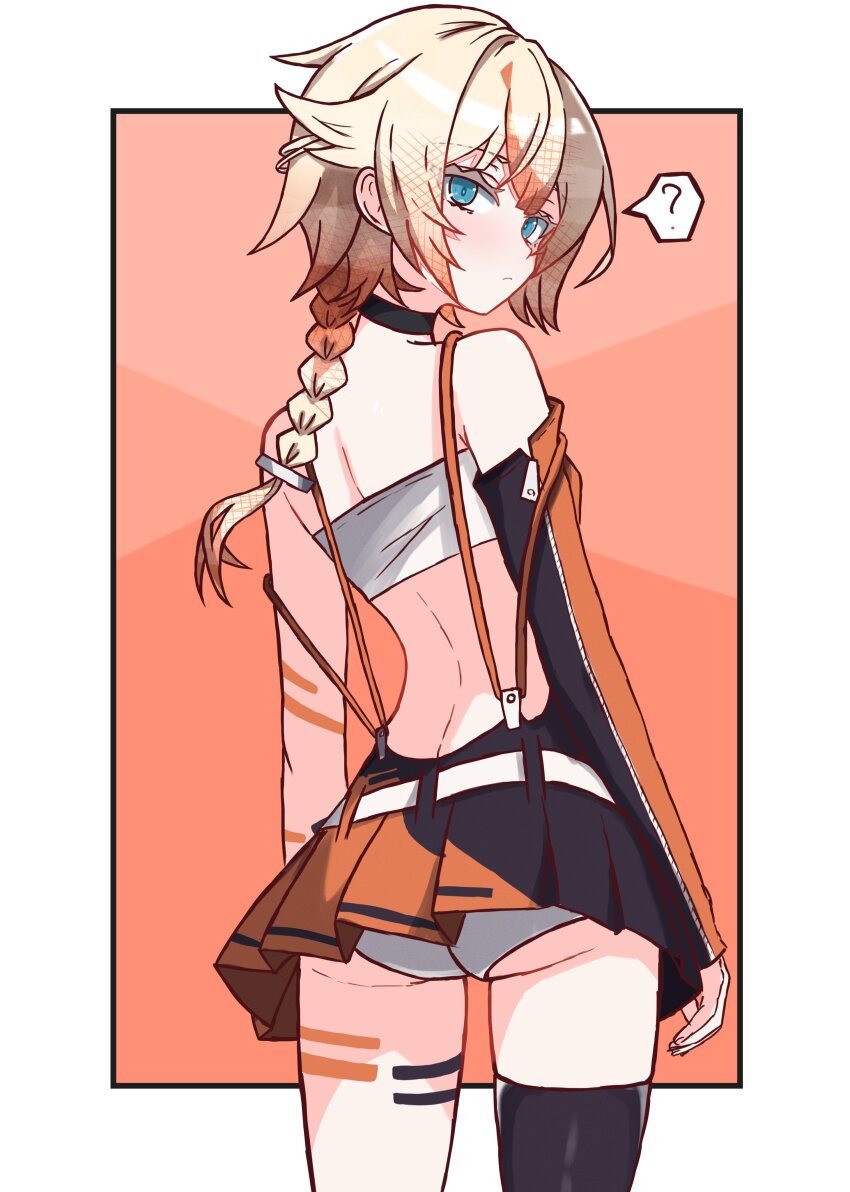 ?, absurdres, ass, back, backless_dress, backless_outfit, black_choker, blonde_hair, blue_eyes, border, braid, cevio, choker, closed_mouth, cowboy_shot, detached_sleeves, dress, expressionless, from_behind, highres, long_hair, looking_at_viewer, looking_back, miniskirt, noir_(noire6959), one_(cevio), orange_background, orange_dress, outside_border, panties, pantyshot, pleated_dress, short_dress, single_detached_sleeve, single_thighhigh, skirt, spoken_question_mark, standing, thighhighs, underwear, white_border, zipper