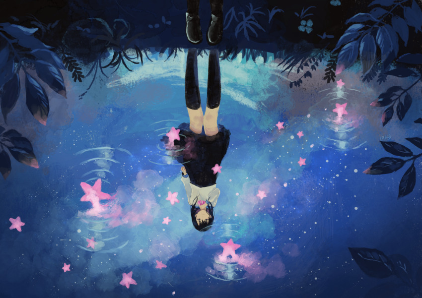 1girl, adjusting_ascot, ascot, black_eyes, black_hair, black_shoes, black_skirt, black_socks