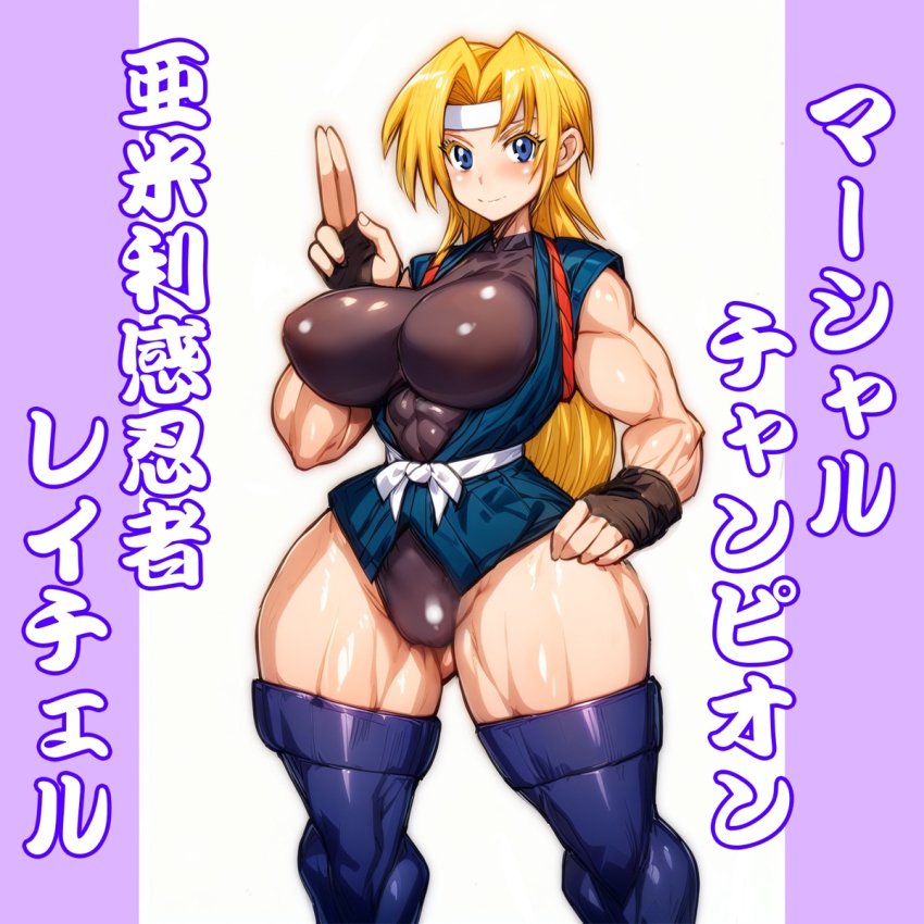 1girl, black_leotard, blonde_hair, blue_eyes, blue_thighhighs, breasts, fingerless_gloves, gloves