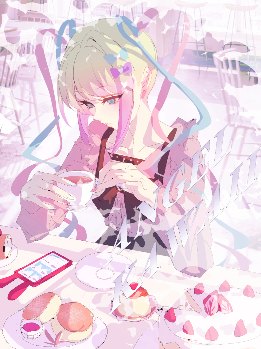 1girl, absurdres, black_bow, black_bowtie, blonde_hair, blue_hair, blue_shirt, bow