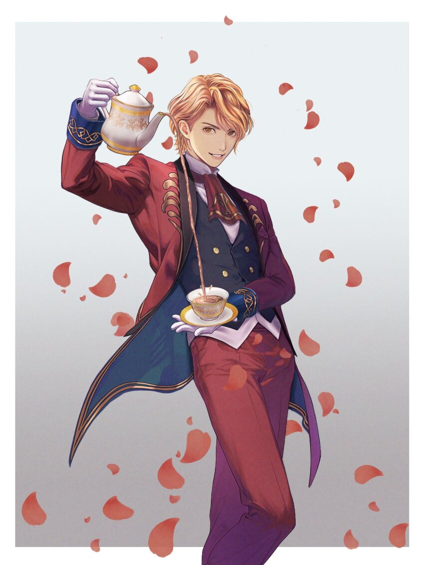 1boy, ascot, black_vest, border, commentary_request, cowboy_shot, falling_petals, ferdinand_von_aegir