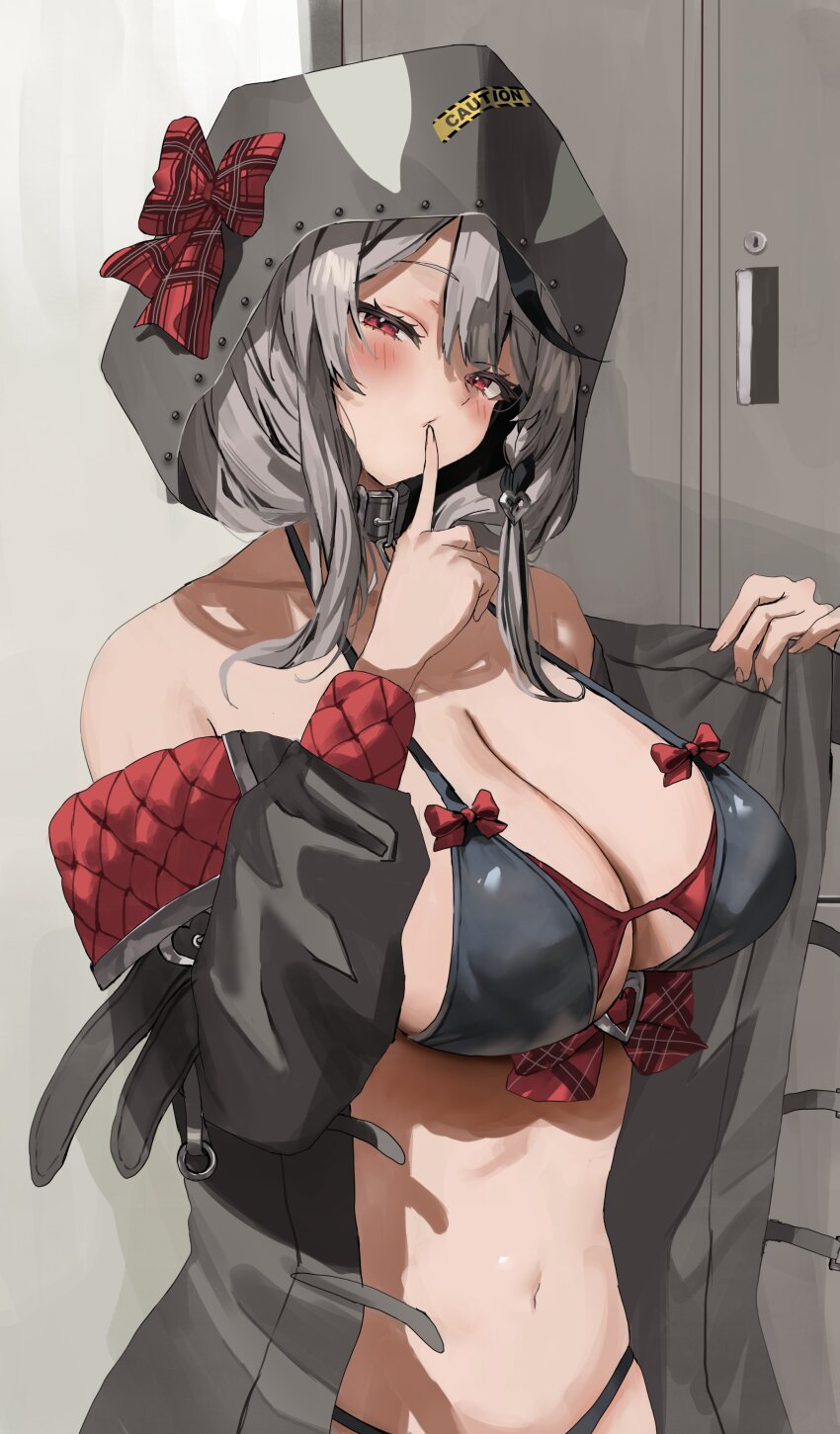 1girl, absurdres, bikini, black_bikini, black_collar, black_hair, black_jacket, blush