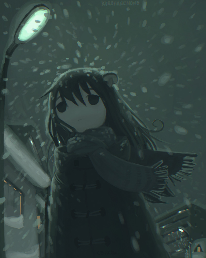 1girl, artist_name, black_eyes, black_hair, building, coat, food, food_on_head