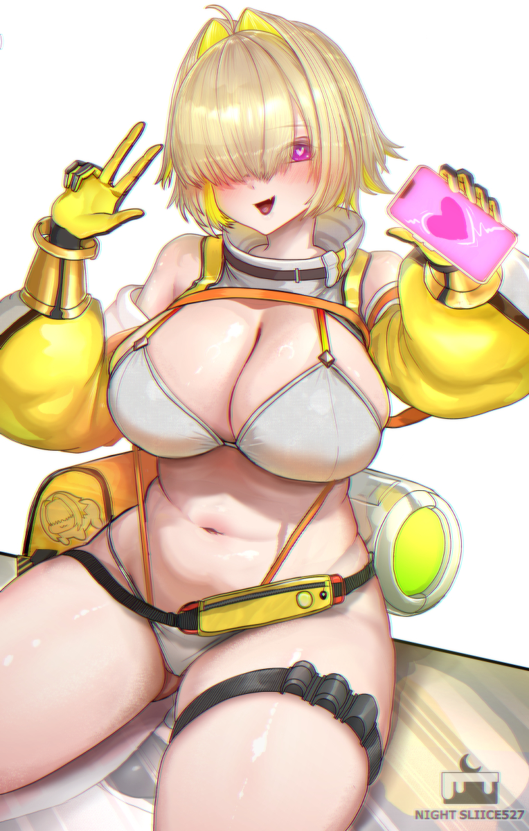 1girl, ahoge, artist_name, bag, bikini, blonde_hair, breasts, cleavage, commentary, curvy, detached_sleeves, doro_(nikke), elegg_(nikke), gloves, goddess_of_victory:_nikke, hair_intakes, heart, heart-shaped_pupils, highres, holding, holding_phone, hypnosis_app, large_breasts, navel, nightsliice257, phone, plump, pouch, purple_eyes, simple_background, solo, stomach, swimsuit, symbol-shaped_pupils, thigh_pouch, thighs, thong, thong_bikini, white_background, white_bikini, wide_hips, yellow_gloves