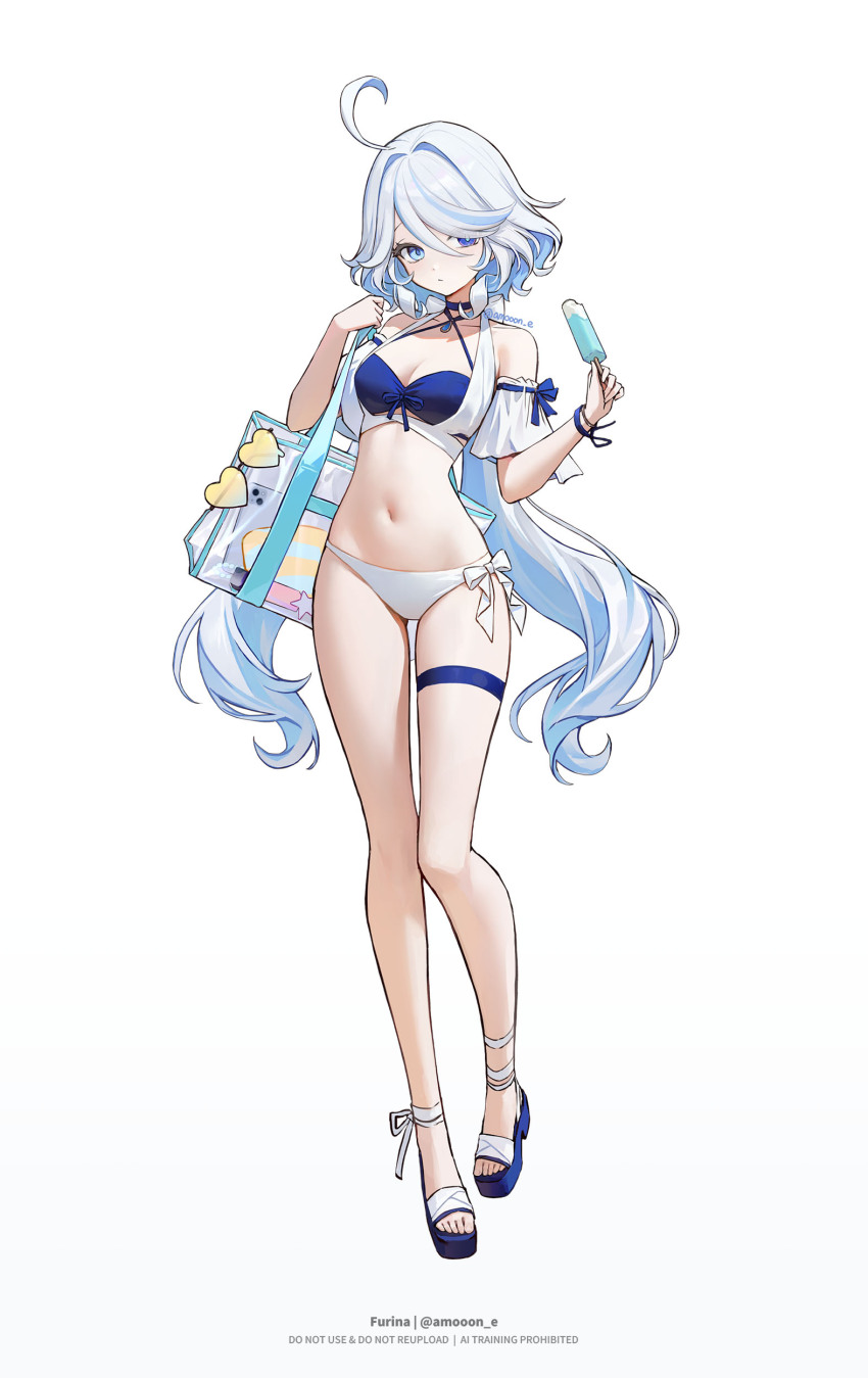 1girl, aamoooon_e, absurdres, alternate_costume, bag, bikini, blue_bikini, blue_eyes, blue_hair, blue_sandals, breasts, cowlick, criss-cross_halter, food, front-tie_bikini_top, front-tie_top, full_body, furina_(genshin_impact), genshin_impact, halterneck, heterochromia, highres, holding, holding_food, holding_popsicle, long_hair, medium_breasts, multicolored_bikini, multicolored_hair, navel, popsicle, sandals, shoulder_bag, simple_background, solo, stomach, swimsuit, thigh_strap, transparent_bag, two-tone_bikini, two-tone_hair, white_background, white_bikini, white_hair