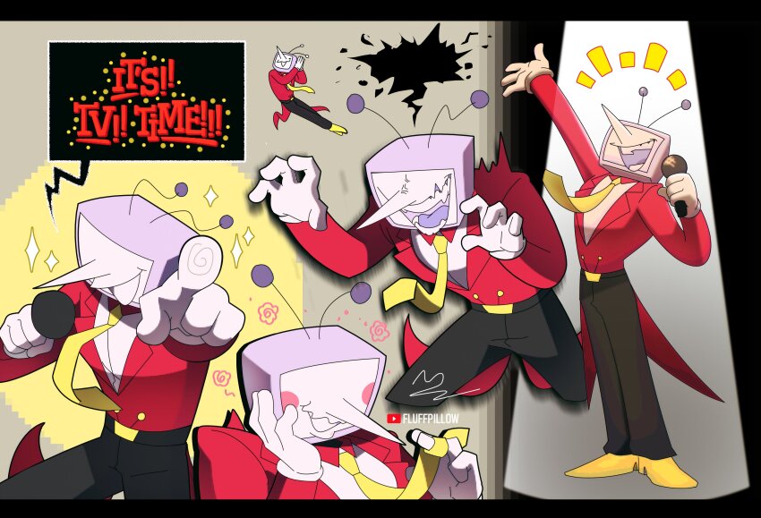 1boy, absurdres, anger_vein, ant_tenna, black_pants, blush_stickers, commentary, crt