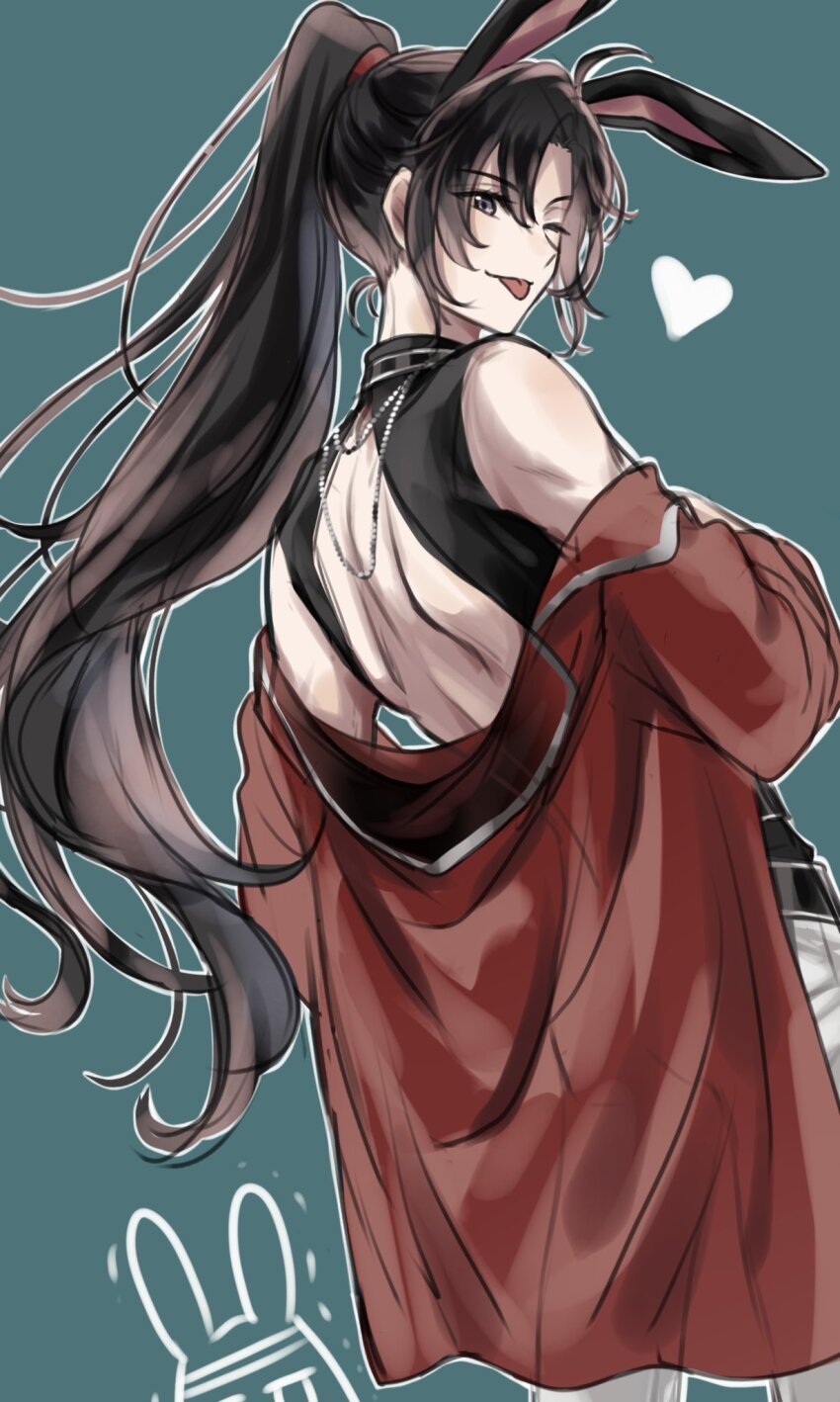 1boy, ;p, alternate_costume, animal_ears, back, back_cutout, bare_shoulders, bishounen