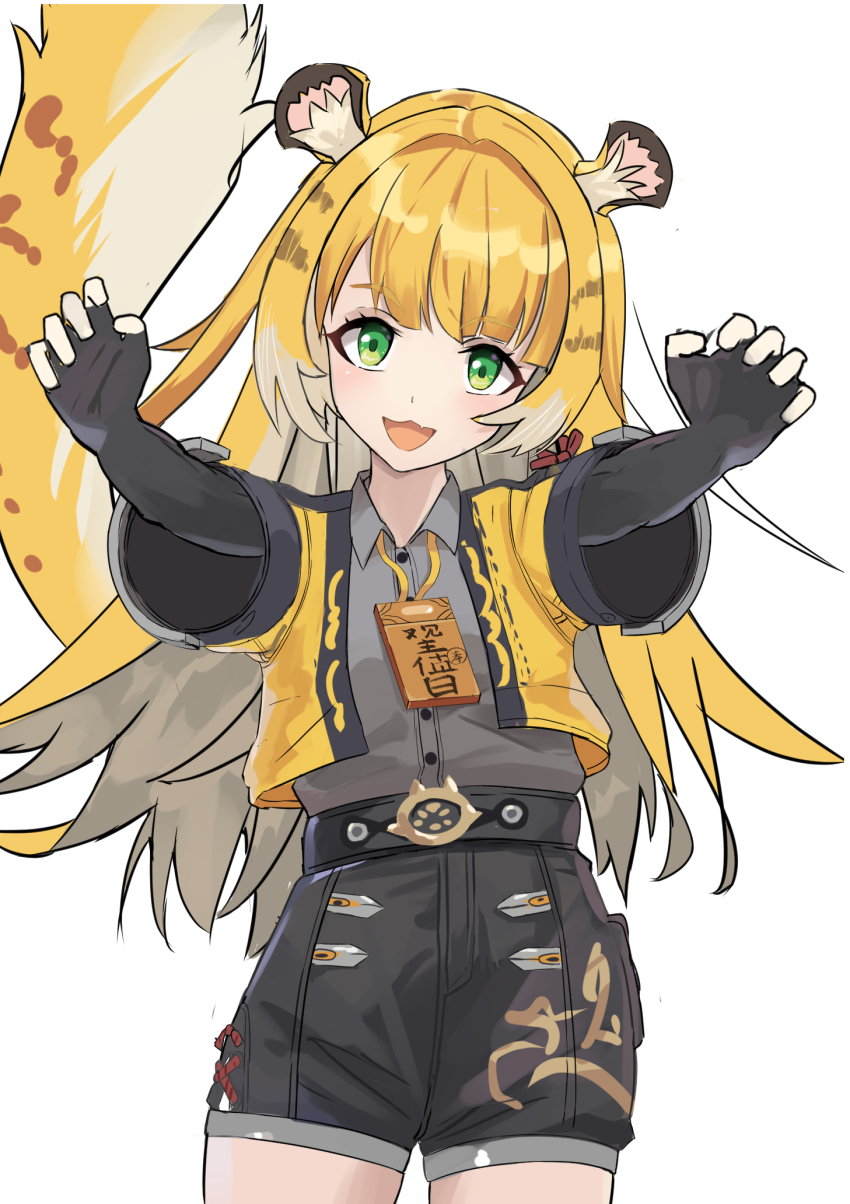 1girl, animal_ears, black_gloves, black_shorts, blonde_hair, cropped_jacket, fingerless_gloves, gachiz_sun