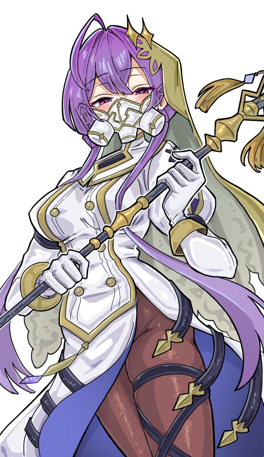 1girl, absurdres, black_pantyhose, blush, breasts, character_request, cowboy_shot, dress, highres, holding, holding_staff, konomi_eisuke, mask, medium_breasts, mouth_mask, pantyhose, pink_eyes, purple_hair, shadowverse, shadowverse:_worlds_beyond, simple_background, solo, staff, veil, white_background, white_dress
