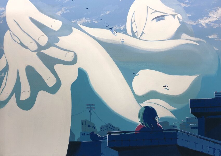 2girls, acrylic_gouache_(medium), balcony, bird, blue_hair, blue_sky, breasts, city