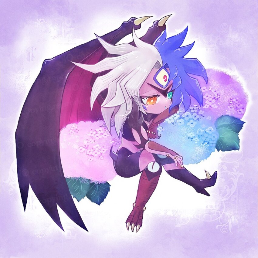1other, chibi, colored_skin, crossed_legs, demon_wings, duel_monster, facial_mark, full_body, green_eyes, grey_hair, heterochromia, highres, medium_hair, multicolored_hair, orange_eyes, purple_background, purple_hair, purple_skin, sitting, third_eye, tk_kjk_kndr, two-tone_hair, wings, yu-gi-oh!, yubel