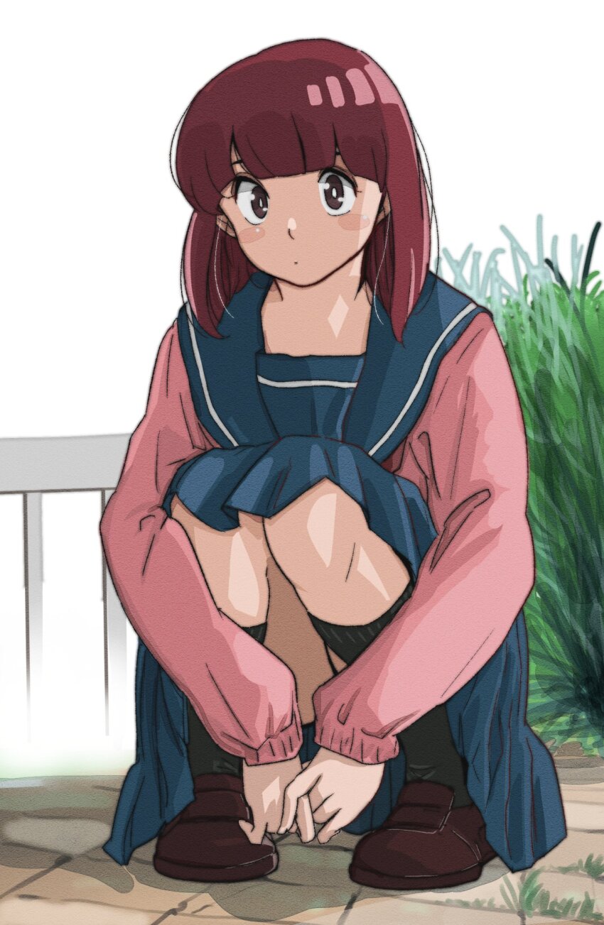 1girl, black_eyes, black_socks, blue_sailor_collar, blue_skirt, brown_hair, brown_shoes, closed_mouth