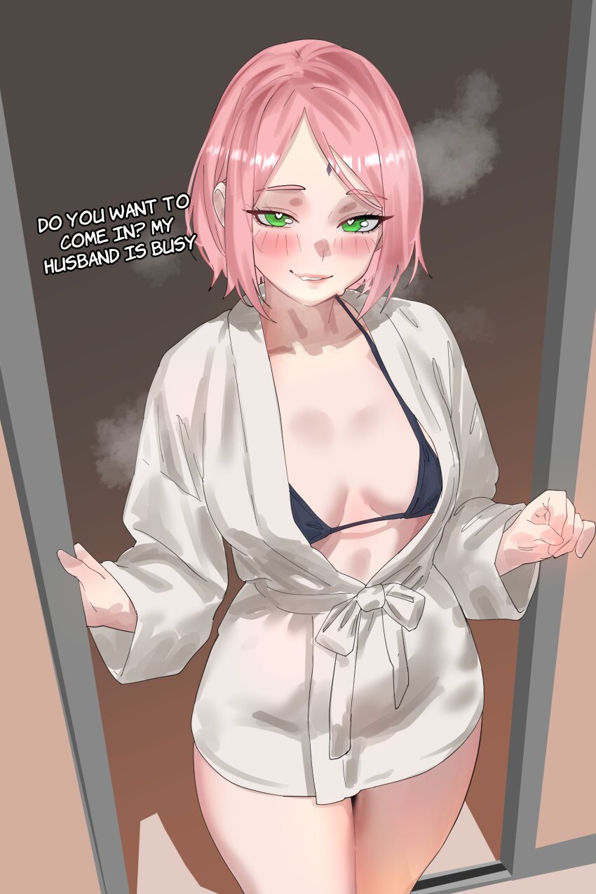 1girl, absurdres, black_bra, blush, boruto:_naruto_next_generations, bra, breasts, breath, cheating_(relationship), commentary, cowboy_shot, english_commentary, english_text, facial_mark, forehead_mark, green_eyes, haruno_sakura, highres, kanoji_(ni_kanojo), looking_at_viewer, naruto_(series), open_door, pink_hair, pov, short_hair, small_breasts, solo, towel, underwear