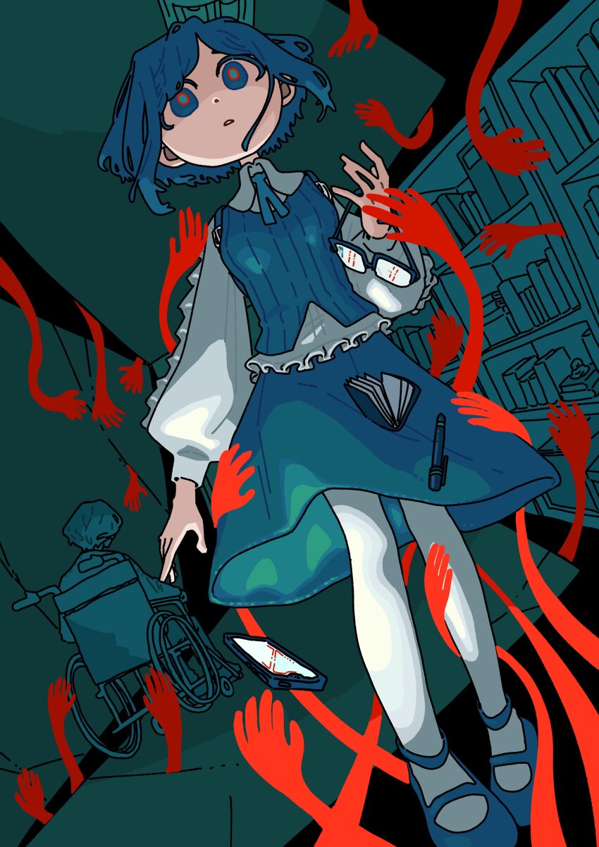 1boy, 1girl, absurdres, aqua_pupils, aruun, blue_eyes, blue_hair, blue_ribbon