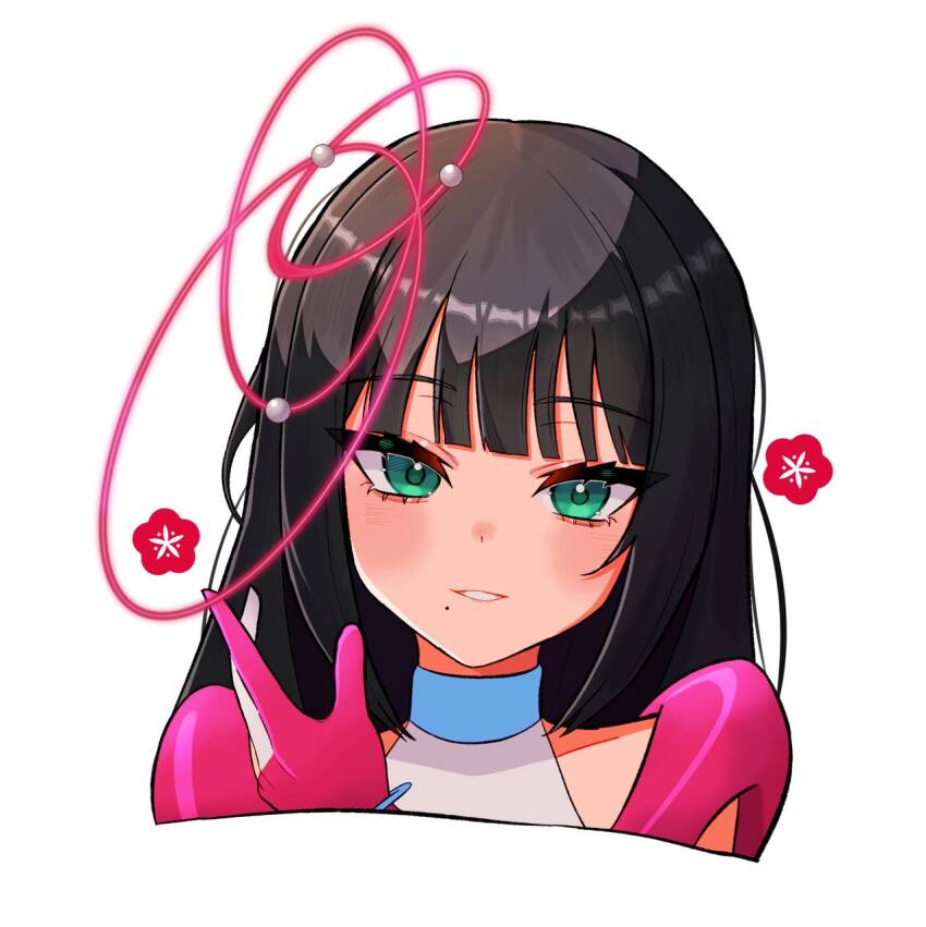 1girl, banzai!_digital_trippers, black_hair, blush, closed_mouth, clothing_cutout, dot_nose, facing_viewer, flower, green_eyes, hand_up, highres, hime_cut, kurosawa_dia, long_hair, love_live!, love_live!_sunshine!!, mole, rochie, simple_background, smile, solo, upper_body, wavy_hair, white_background