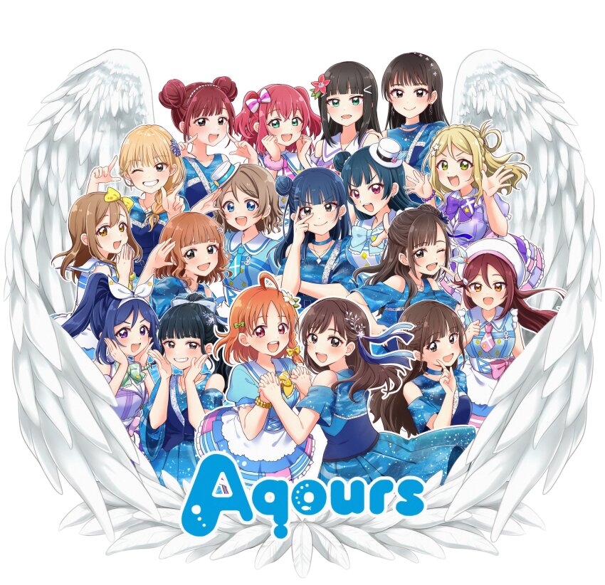 6+girls, ahoge, aida_rikako, aqours_finale_lovelive!_~eikyuu_stage~, black_hair, blonde_hair, blue_eyes, blue_hair