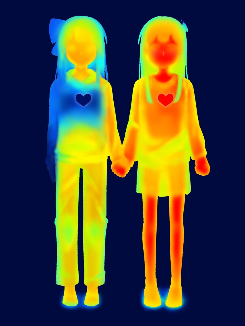 2girls, alternate_costume, blue_background, commentary, full_body, hair_ribbon, heart, heart_symbol_as_organ