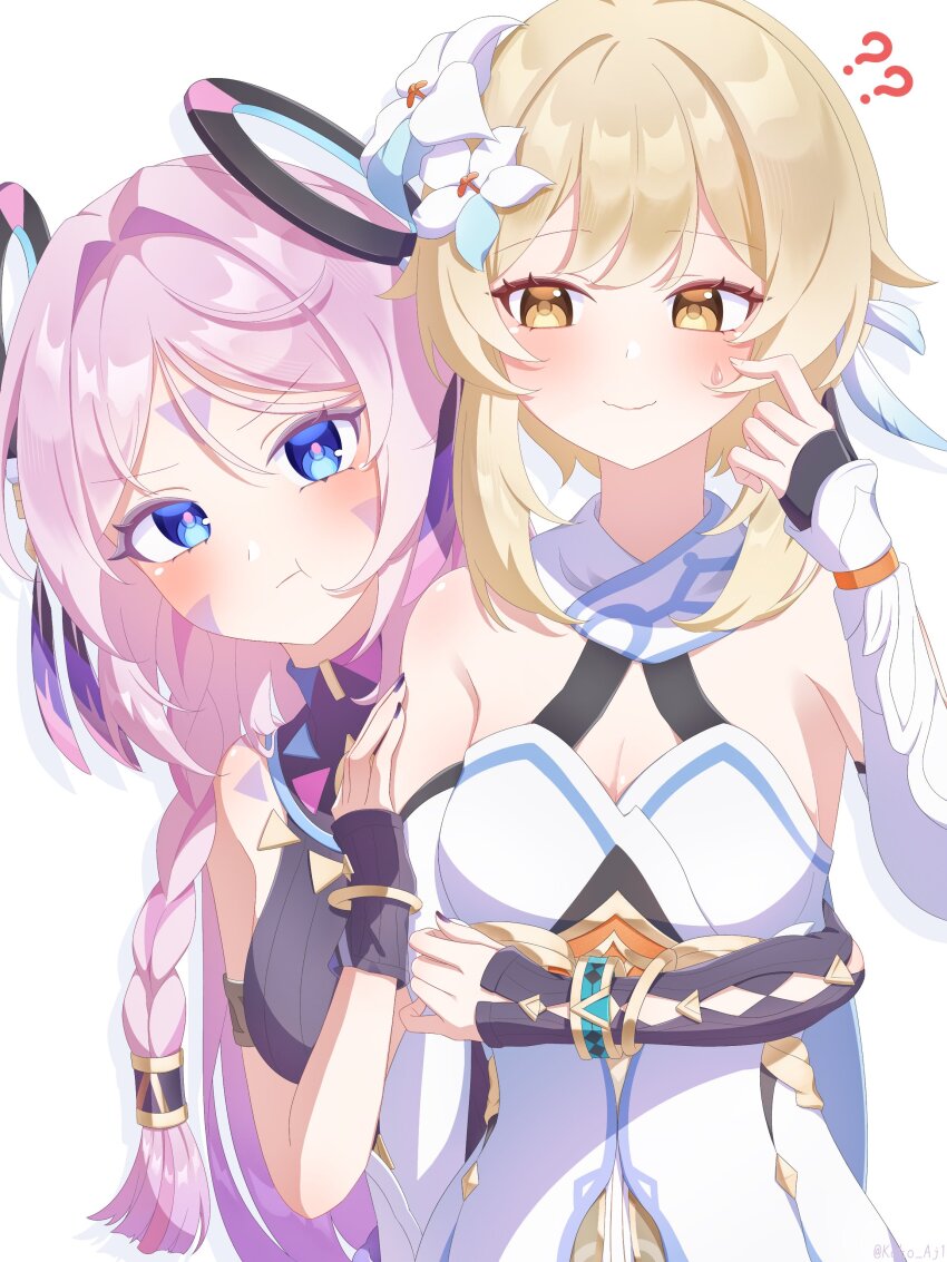 2girls, :t, ?, ??, absurdres, asymmetrical_gloves, bare_shoulders, black_gloves