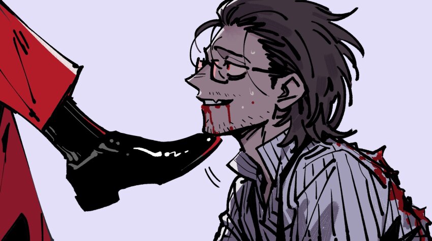 2boys, beard_stubble, black_shoes, blood, blood_on_back, blood_on_clothes, blood_on_face, brown_hair