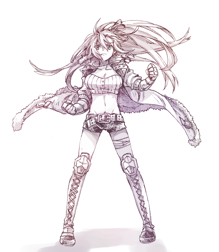 1girl, amy_(another_eden), another_eden, bandaged_leg, bandages, belt, boots, breasts