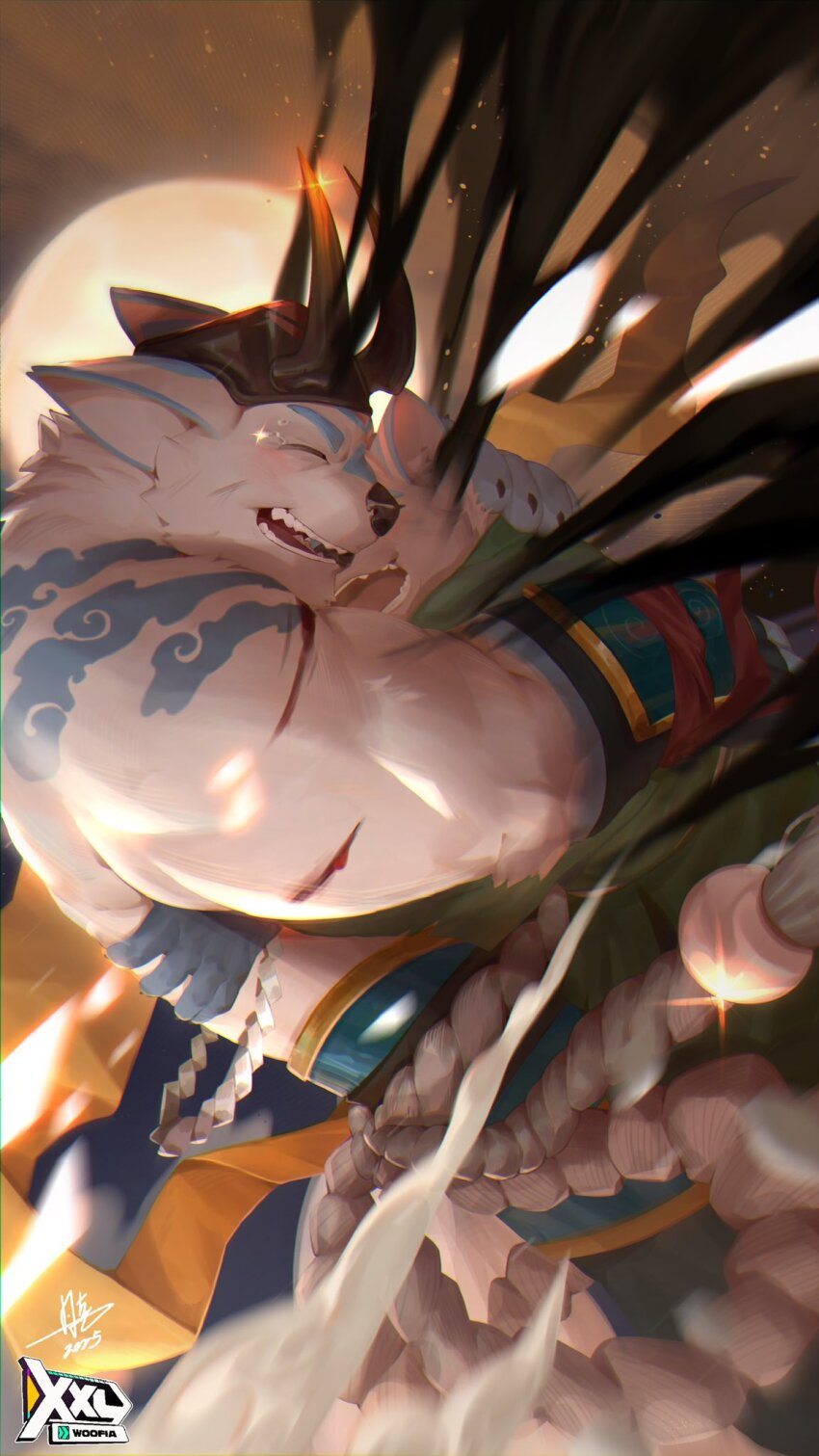 1boy, animal_ears, blood, chinese_commentary, claws, closed_mouth, commentary_request, copyright_logo, dated, diffraction_spikes, fake_horns, furry, furry_male, highres, horned_headwear, horns, hug, injury, jmeo1230, kumoyama_(xxl), logo, male_focus, muscular, muscular_male, open_mouth, signature, smile, tears, topless_male, wolf_boy, wolf_ears, xxl_woofia