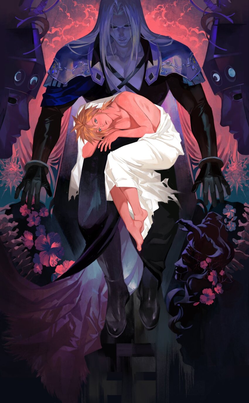 2boys, age_difference, aged_down, alina99liang, armor, barefoot, black_boots, black_gloves