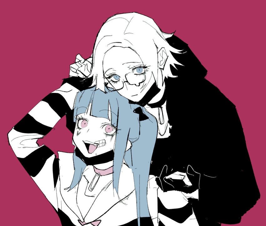 1boy, 1girl, adc_mt, amemiya_darumi, aotsuki_eito, black_bow, black_hoodie, blue_eyes