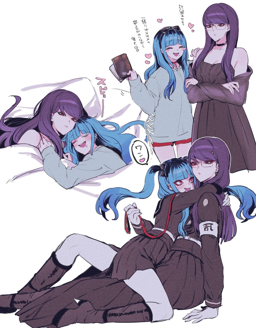 2girls, :d, absurdres, alternate_hairstyle, amemiya_darumi, armband, bare_shoulders, belt